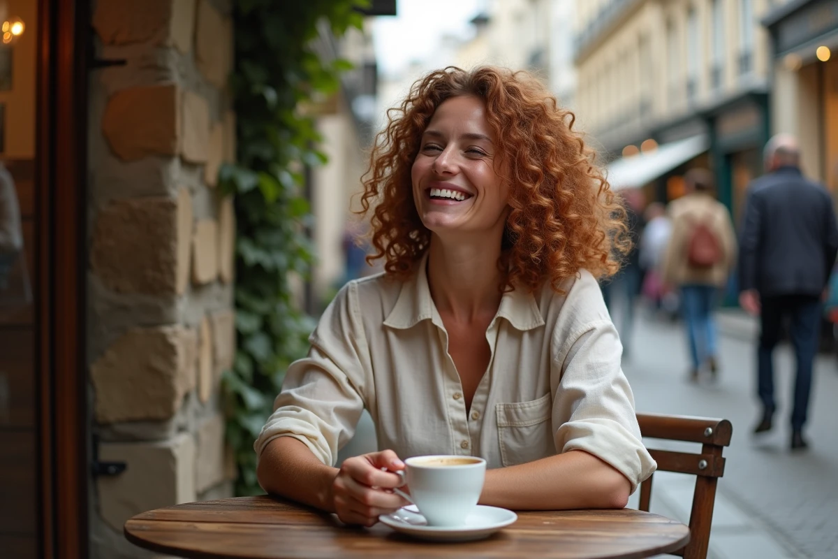 Femme aux cheveux bouclés roux riant dans un café parisien, ambiance de couple complice et détendue
